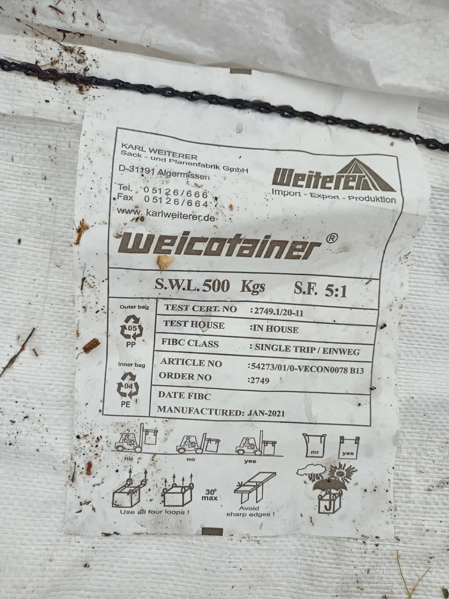 Detail použitého big bag štítek Weiterer